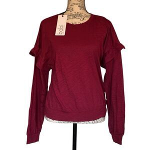 Revolve Bobi Los Angeles Size M / L Red Long Sleeve Ruffle Tee Top 100% Cotton